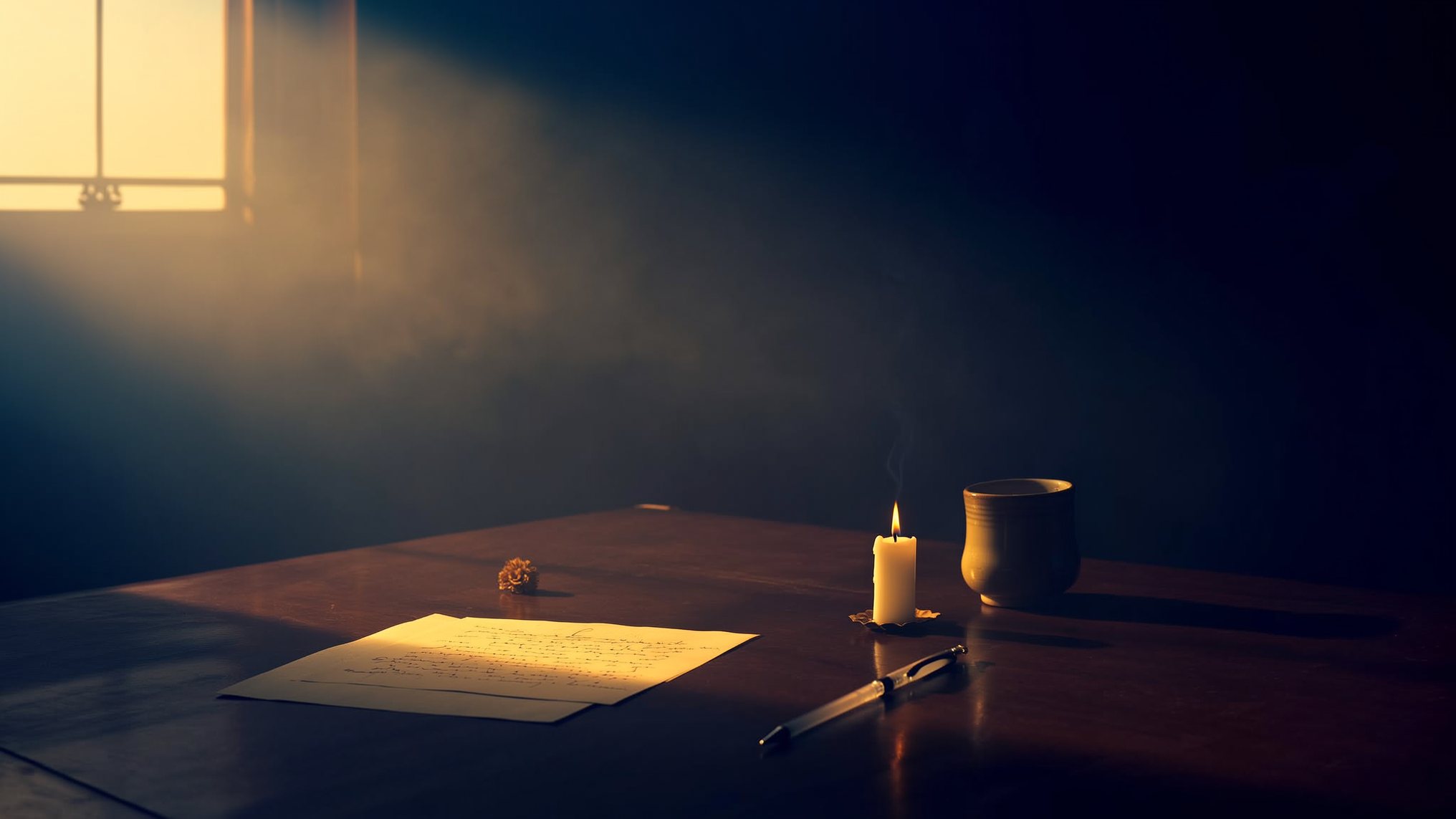 Ein Schreibtisch im ersten Morgenlicht: ein handgeschriebener Brief, eine brennende Kerze, eine Tasse und ein Stift.